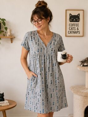 Carina Gray Blue Cat Casual Cat Print Dress Daytime Comfy S